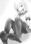  1girl feet hair_over_one_eye hairclip hamakaze_(kantai_collection) highres kantai_collection monochrome no_shoes one_eye_closed oouso_(usotsukiya) pantyhose pov serafuku sitting smile soles 