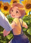  ass blush brown_hair commentary_request field flower flower_field hair_flower hair_ornament hairclip holding_hands idolmaster idolmaster_cinderella_girls open_mouth out_of_frame ryuuzaki_kaoru short_hair skirt smile solo_focus sunflower sunflower_hair_ornament suspender_skirt suspenders terumii yellow_eyes 