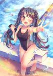  ahoge bangs barefoot blurry blush braid breasts cleavage collarbone commentary_request competition_swimsuit covered_navel depth_of_field dolphin_hair_ornament fang foreshortening goggles hair_ornament hairclip heart heart_hair_ornament holding holding_goggles lane_line large_breasts lens_flare long_hair looking_at_viewer moe2017 nemuri_nemu one-piece_swimsuit open_mouth original pool sidelocks smile solo swept_bangs swimsuit thighs twintails v very_long_hair water_drop wet 