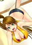  :d animal_print ass bare_shoulders breasts brown_hair cleavage green_eyes highres large_breasts leopard_print long_hair looking_at_viewer moe2017 morozou open_mouth original pole_dancing ponytail short_shorts shorts smile solo stripper_pole sweat upside-down very_long_hair 