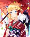  animal animal_on_shoulder arrow bangs bird blonde_hair blue_eyes blush braid branch chick_on_head chicken chinese_zodiac closed_mouth commentary_request ema eyebrows_visible_through_hair floral_print half_updo hamaya hand_up holding_arrow japanese_clothes kimono looking_at_viewer nail_polish obi oriental_umbrella original recotasan red_kimono red_nails rooster sash sidelocks smile solo umbrella upper_body year_of_the_rooster 