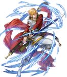 angry attack belt blonde_hair boots brown_eyes coat collar cravat eltoshan_(fire_emblem) energy fire_emblem fire_emblem:_seisen_no_keifu fire_emblem_heroes full_body highres holding holding_sword holding_weapon knee_boots male_focus mystletainn official_art open_mouth p-nekor pants red_coat serious sheath sheathed short_hair_with_long_locks solo sword teeth transparent_background weapon white_pants 