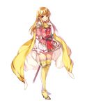  belt blonde_hair brown_eyes cape earrings elbow_gloves fire_emblem fire_emblem:_seisen_no_keifu fire_emblem_heroes full_body gloves hand_on_own_chest highres holding jewelry lachesis_(fire_emblem) long_hair looking_at_viewer miwabe_sakura official_art pleated_skirt shoulder_pads skirt smile solo standing sword thighhighs transparent_background weapon zettai_ryouiki 