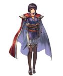  belt brown_hair cape cuboon elbow_gloves fire_emblem fire_emblem:_thracia_776 fire_emblem_heroes full_body gloves highres official_art olwen_(fire_emblem) pants purple_eyes short_hair solo standing sword thighhighs transparent_background weapon 