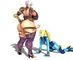  2girls 3d ass blonde_hair blue_eyes bodysuit boots breasts curvy futa_with_female futanari gigantic_breasts hands_on_hips high_heels huge_ass huge_penis isabella_valentine looking_at_viewer metroid multiple_girls naughty_face on_all_fours ponytail rocket_heels samus_aran short_hair soul_calibur thick_thighs thigh_boots thong white_hair wide_hips xps zero_suit 