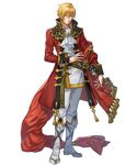  belt blonde_hair boots brown_eyes coat collar cravat eltoshan_(fire_emblem) fire_emblem fire_emblem:_seisen_no_keifu fire_emblem_heroes full_body highres knee_boots male_focus mystletainn official_art p-nekor pants red_coat serious sheath sheathed short_hair_with_long_locks solo sword transparent_background weapon white_pants 