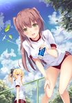  :d aircraft airplane bangs blonde_hair blue_sky blush breasts brown_hair buruma can chain-link_fence cloud condensation_trail day fence giving gym_uniform hair_ribbon hatsu_(first_snow) holding holding_can leaf leaning_forward lens_flare long_hair looking_at_viewer looking_back medium_breasts moe2017 multiple_girls open_mouth original outdoors ponytail purple_eyes ribbon round_teeth shirt short_sleeves sidelocks sky smile soda_can teeth two_side_up yellow_eyes 