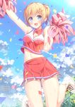  :d arm_up bangs bare_arms blonde_hair blue_eyes blue_sky blush boots breasts chain-link_fence cheerleader cleavage cloud confetti crop_top day fence hair_ornament hairclip hatsuki_kaname holding impossible_clothes jumping legs_up looking_at_viewer medium_breasts midriff moe2017 navel open_mouth original outdoors pleated_skirt pom_poms round_teeth short_hair short_ponytail side_ponytail skirt sky sleeveless smile solo sweat teeth wing_collar 
