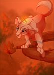  feline feral fur heterochromia kitchiki leaf lion mammal paws pink_fur red_eyes solo standing 