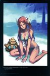  absurdres akikazu_mizuno arm_support beach bikini breasts cleavage day front-tie_top hair_ornament head_wings highres large_breasts long_hair looking_at_viewer multicolored_hair official_art open_mouth orange_eyes orange_hair palm_tree phantasy_star phantasy_star_online_2 purple_hair quna_(pso2) scan side-tie_bikini sitting smile solo swimsuit tree twintails 