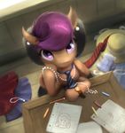 2017 bakuel clothing ear_piercing equine female feral friendship_is_magic hair hat horse inside jewelry looking_at_viewer mammal my_little_pony necklace paper pencil_(object) piercing pony purple_hair scootaloo_(mlp) smile solo 