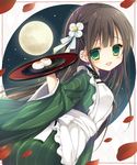  :d ama_usa_an_uniform apron ass bangs brown_hair eyebrows_visible_through_hair flower full_moon gochuumon_wa_usagi_desu_ka? green_eyes green_kimono grin hair_flower hair_ornament hair_ribbon happy highres holding holding_tray japanese_clothes kimono leaf leaning_forward light_blush long_hair looking_at_viewer maid_apron moon night night_sky open_mouth petals ribbon shiiba_nae sky smile solo teeth tray ujimatsu_chiya waitress white_apron wide_sleeves 