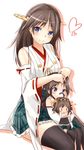  :3 adjusting_hair alternate_hair_length alternate_hairstyle bare_shoulders black_legwear blue_eyes blush boots breasts brown_hair character_doll chibi commentary_request detached_sleeves doll_hug hairband headgear heart hiei_(kantai_collection) highres if_they_mated japanese_clothes kantai_collection kongou_(kantai_collection) large_breasts long_hair looking_at_viewer miniskirt mother_and_daughter multiple_girls nontraditional_miko plaid plaid_skirt pleated_skirt revision ribbon-trimmed_sleeves ribbon_trim saku_(kudrove) short_hair simple_background sitting skirt smile thigh_boots thighhighs white_background younger zettai_ryouiki 