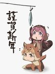  1girl animal_costume blonde_hair bow brown_eyes chibi commentary facial_hair fish fox_costume girlish_number hair_bow happy_new_year highres karasuma_chitose_(girlish_number) kuzu-p new_year no_nose open_mouth red_eyes red_hair stubble tanuki_costume translated windwillows 