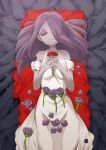  1girl bare_shoulders commentary_request dress eyes_closed eyeshadow fingernails flower hair_over_one_eye hands_clasped highres holding holding_flower little_witch_academia long_hair lying makeup on_back own_hands_together pale_skin petals pink_hair plant popopo purple_flower purple_rose red_flower red_rose rose rose_petals sleeping solo sucy_manbavaran thorns white_dress 