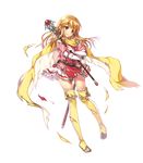  belt blonde_hair brown_eyes cape earrings elbow_gloves eyebrows_visible_through_hair fire_emblem fire_emblem:_seisen_no_keifu fire_emblem_heroes full_body gloves highres holding jewelry lachesis_(fire_emblem) long_hair miwabe_sakura official_art solo staff standing sword thighhighs torn_clothes transparent_background weapon zettai_ryouiki 