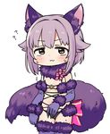  :3 ? animal_ears black_panties blush bow breasts brown_eyes cosplay dangerous_beast elbow_gloves fate/grand_order fate_(series) fur_trim gloves halloween_costume idolmaster idolmaster_cinderella_girls koshimizu_sachiko lavender_hair looking_at_viewer mash_kyrielight mash_kyrielight_(cosplay) moru_(monaka) panties purple_gloves purple_legwear short_hair simple_background small_breasts solo sweat tail thighhighs trembling underwear white_background wolf_ears wolf_tail 