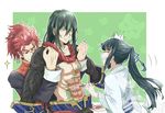  2boys :d ? black_nails body_writing chest_tattoo chinese_clothes closed_eyes commentary_request fate/extra fate/grand_order fate_(series) flower green_eyes green_hair hair_flower hair_ornament hanfu highres jing_ke_(fate/grand_order) li_shuwen_(fate) li_shuwen_(fate/grand_order) long_hair luode multiple_boys muscle nail_polish one_eye_closed open_mouth parted_lips ponytail red_hair restrained smile sweatdrop tattoo yan_qing_(fate/grand_order) 