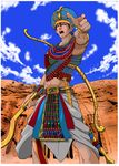  ancient_egypt artist_request bow_(weapon) clouds dark_skin egyptian hat knife male_focus ramesses_ii sky solo weapon 