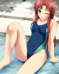  arms_behind_back bangs blue_eyes blue_swimsuit blush breasts brown_hair closed_mouth collarbone competition_swimsuit corey_sniper covered_navel day digdug006 eyebrows_visible_through_hair leg_up legs long_hair looking_at_viewer one-piece_swimsuit one_eye_closed outdoors parted_bangs pool shiny shiny_skin sitting smile solo swimsuit thighs water wet wrestle_angels 