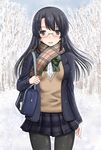  arm_at_side bag black_eyes black_hair blush glasses highres jacket long_hair original oyabun_(higashi) pantyhose ribbon scarf school_bag school_uniform semi-rimless_eyewear skirt smile snow solo sweater_vest under-rim_eyewear v-neck winter 