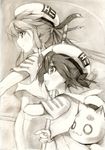  00s 2girls ai_(aria) aria aria_pokoteng bad_id blush cat graphite_(medium) hat highres kisetsu long_hair mizunashi_akari monochrome multiple_girls oar sepia short_hair sketch smile traditional_media twintails uniform 