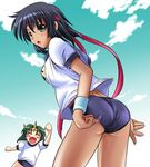  2girls ass bare_legs bloomers blush buruma diana_rial digdug006 embarrassed from_behind gym_uniform legs looking_back multiple_girls sonic_cat standing thighs wrestle_angels wrestle_angels_survivor 