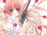  1girl 2007 bangs blonde_hair blush clover company_name copyright_name dated four-leaf_clover gagraphic gun handgun long_hair looking_at_viewer nishiwaki_yuuri official_art purple_eyes revolver shamrock_(novel) solo very_long_hair wallpaper weapon web_address 