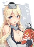  bendy_straw blonde_hair blue_eyes breasts bucket character_name cleavage coca-cola drinking_straw fingerless_gloves front-tie_top gloves headgear iowa_(kantai_collection) kantai_collection large_breasts long_hair looking_at_viewer natsunoyuu open_mouth solo star upper_body 