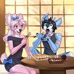  anthro antlers cervine clothed clothing collar deer demicoeur duo female food fur hair horn male mammal open_mouth sitting sushi 