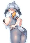  areola_slip areolae ass bikini_top bird_tail black_hair breasts green_eyes kemono_friends large_breasts looking_at_viewer looking_back open_clothes open_shirt osiimi pantyhose shirt shoebill_(kemono_friends) silver_hair simple_background solo tail thighs 