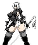  1girl android artist_request ass back back_opening black_dress black_gloves black_hairband black_legwear blindfold breasts curvy dress erect_nipples from_behind gloves hairband huge_ass huge_breasts katana leotard looking_back mole mole_under_mouth nier_(series) nier_automata parted_lips shiny shiny_clothes shiny_hair shiny_skin short_hair sideboob solo sword thighhighs weapon white_hair wide_hips yorha_no._2_type_b 