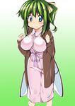  ase_(nigesapo) blue_eyes blush breasts brown_jacket commentary_request daiyousei dress fairy_wings green_hair hair_ribbon highres jacket large_breasts long_hair low_wings no_bra pink_dress ribbon side_ponytail smile touhou wings 
