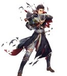  black_hair book boots brown_eyes capelet cuboon fire_emblem fire_emblem:_thracia_776 fire_emblem_heroes full_body gloves highres male_focus official_art reinhardt_(fire_emblem) sword teeth torn_clothes transparent_background weapon 