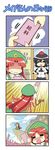  4koma :3 animal antelope arms_up ascot bangs bird_wings black_hair blunt_bangs braid closed_eyes colonel_aki comic commentary crying door envelope giraffe hand_up hat hidden_eyes hong_meiling long_hair multiple_girls open_mouth overalls paper_stack parody red_hair shaded_face shameimaru_aya shirt short_hair short_sleeves sidelocks skirt smile sparkle star streaming_tears sweatdrop tears tengu the_lion_king tokin_hat touhou translated trembling truth white_shirt wings 