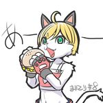  artist_request blonde_hair cat eating furry green_eyes hamburger open_mouth paper_man short_hair 