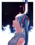  bangs blue_hair blue_neckwear border closed_eyes closed_mouth cloud collared_shirt commentary_request from_side hair_between_eyes hatsune_miku highres konomi_(kumagai20) long_hair meteor_shower necktie night night_sky profile shirt shoulder_tattoo sky sleeveless sleeveless_shirt solo star_(sky) starry_sky tattoo twintails upper_body vocaloid white_border 