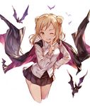  77gl bat black_skirt blonde_hair cape collared_shirt cropped_legs demi-chan_wa_kataritai double_bun granblue_fantasy_(style) leaning_forward long_sleeves looking_at_viewer one_eye_closed school_uniform shirt simple_background skirt smile solo takanashi_hikari vampire white_background white_shirt wing_collar yellow_eyes 