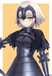  armor armored_dress artist_name bangs black_capelet blonde_hair border breasts capelet chain closed_mouth eyebrows_visible_through_hair fate/grand_order fate_(series) gauntlets headpiece jeanne_d'arc_(alter)_(fate) jeanne_d'arc_(fate)_(all) looking_at_viewer medium_breasts nayuhi_(yukimuu14) orange_background short_hair signature simple_background solo upper_body white_border yellow_eyes 