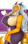  aisyah_zaskia_harnny anthro big_breasts breasts clothed clothing curvaceous dragon female hair harnny horn huge_breasts looking_at_viewer nipple_bulge smile solo 