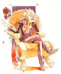  bad_id bad_pixiv_id dist_(tales) flower glasses inaho178 leaf male_focus necktie petals purple_hair red_eyes rose simple_background sitting solo tales_of_(series) tales_of_the_abyss teeth traditional_media white_background 