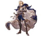  alpha_transparency blue_cape blue_pants cape full_body granblue_fantasy holding holding_sword holding_weapon looking_at_viewer male_focus minaba_hideo official_art pants romeo_(granblue_fantasy) solo sword transparent_background weapon 