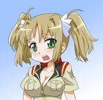  blonde_hair blush breasts cleavage gobera green_eyes gundam gundam_card_builder large_breasts looking_at_viewer open_mouth reiko_holinger short_hair short_twintails simple_background solo twintails 