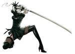  black_dress black_gloves black_legwear blindfold breasts dress gloves grey_hair hairband high_heels holding holding_sword holding_weapon ici_(versac77) katana medium_breasts nier_(series) nier_automata one_knee short_hair simple_background solo sword thighhighs weapon white_background yorha_no._2_type_b 