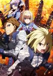  2girls blonde_hair blue_eyes brown_eyes brown_hair camouflage clenched_teeth fire floating_hair frolaytia_capistrano hair_ornament hairband havia_winchell heavy_object holding holding_weapon key_visual looking_at_viewer milinda_brantini military military_uniform multiple_boys multiple_girls official_art open_mouth purple_eyes qwenthur_barbotage short_hair silver_hair smile spiked_hair teeth uniform weapon white_hairband 