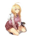  ahoge akamatsu_kaede backpack bag bangs beamed_eighth_notes black_footwear blonde_hair blue_legwear breasts collared_shirt danganronpa eighth_note expressionless full_body highres long_hair looking_at_viewer medium_breasts musical_note musical_note_hair_ornament necktie new_danganronpa_v3 pink_vest purple_neckwear purple_skirt ruukii_drift shirt shoes simple_background sitting skirt solo sweater_vest swept_bangs thighs vest white_background white_shirt 