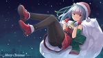  bangs bare_shoulders bell belt black_legwear blunt_bangs blush christmas dress flying full_body gloves grey_hair gyuunyuu_bin hair_ribbon hat highres kantai_collection kasumi_(kantai_collection) legs long_hair looking_at_viewer night panties panties_under_pantyhose pantyhose petticoat red_dress red_gloves ribbon santa_hat scarf side_ponytail snowing solo striped striped_panties thighband_pantyhose underwear yellow_eyes 