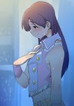  absurdres blue_hair brown_eyes hand_on_own_chest highres idolmaster idolmaster_(classic) kisaragi_chihaya long_hair looking_down midriff momo_no_suidou-sui navel pink_diamond_765 sad_smile smile solo sparkle tears 