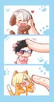  ;&gt; ^_^ animal_costume animal_ears black_hair blonde_hair blue-framed_eyewear brown_eyes cat_costume cat_ears cat_tail chibi closed_eyes dog_costume dog_ears extra_ears fingers glasses green_eyes hair_over_one_eye heart katsuki_yuuri male_focus miniboy monotsuki multiple_boys one_eye_closed open_mouth out_of_frame paw_print petting pig_costume pig_ears silver_hair smile solo_focus sweat tail viktor_nikiforov yuri!!!_on_ice yuri_plisetsky 