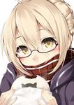  ahoge anpan artoria_pendragon_(all) bangs black-framed_eyewear blonde_hair blush braid brown_scarf close-up coat commentary_request covered_mouth eyebrows_visible_through_hair fate/grand_order fate_(series) food glasses hair_between_eyes hazuki_gyokuto holding holding_food japari_bun kemono_friends looking_at_viewer mysterious_heroine_x_(alter) plaid plaid_scarf scarf semi-rimless_eyewear sidelocks simple_background solo under-rim_eyewear upper_body white_background yellow_eyes 